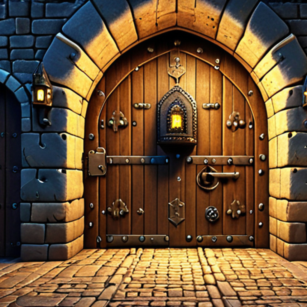 **A strong password is a first defense:** Imagine a medieval castle gate, heavily fortified, with a complex combination lock on the door and a password manager. A glowing "2FA" symbol floats above. Dutch medieval style.