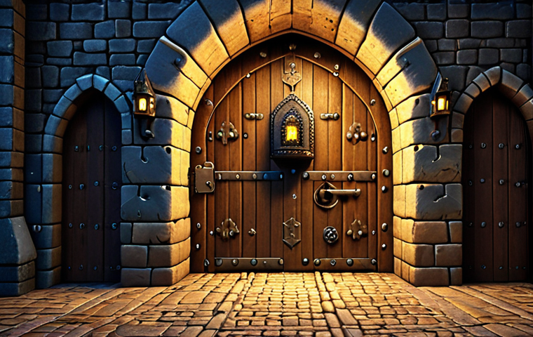 **A strong password is a first defense:** Imagine a medieval castle gate, heavily fortified, with a complex combination lock on the door and a password manager. A glowing "2FA" symbol floats above. Dutch medieval style.